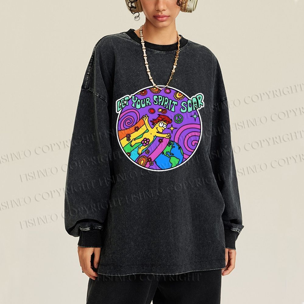 Unisex The Simpsons Homer Simpson Let Your Spirit Soar Casual Washed Printed Long Sleeve T-shirt