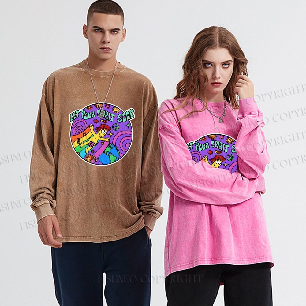 Unisex The Simpsons Homer Simpson Let Your Spirit Soar Casual Washed Printed Long Sleeve T-shirt