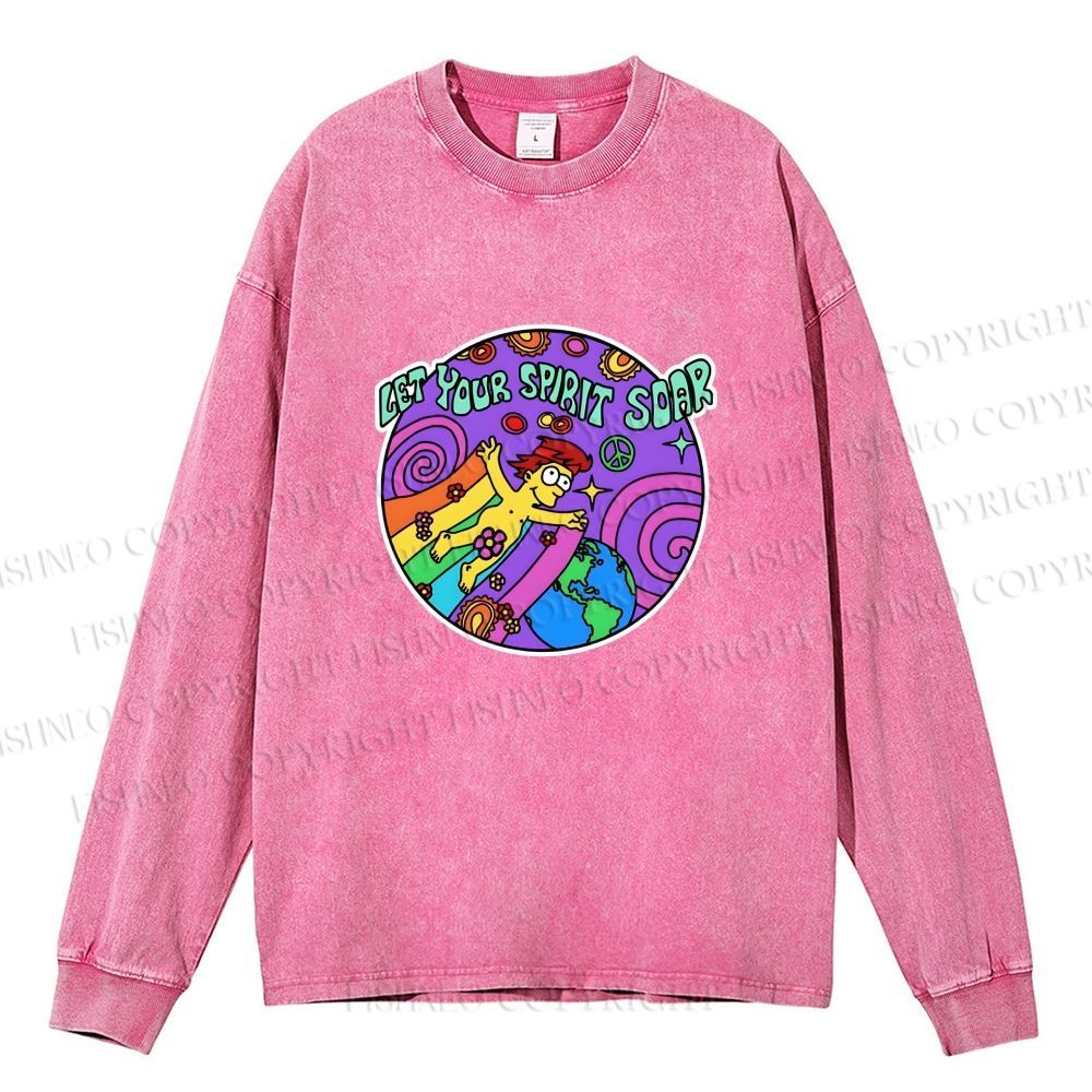 Unisex The Simpsons Homer Simpson Let Your Spirit Soar Casual Washed Printed Long Sleeve T-shirt