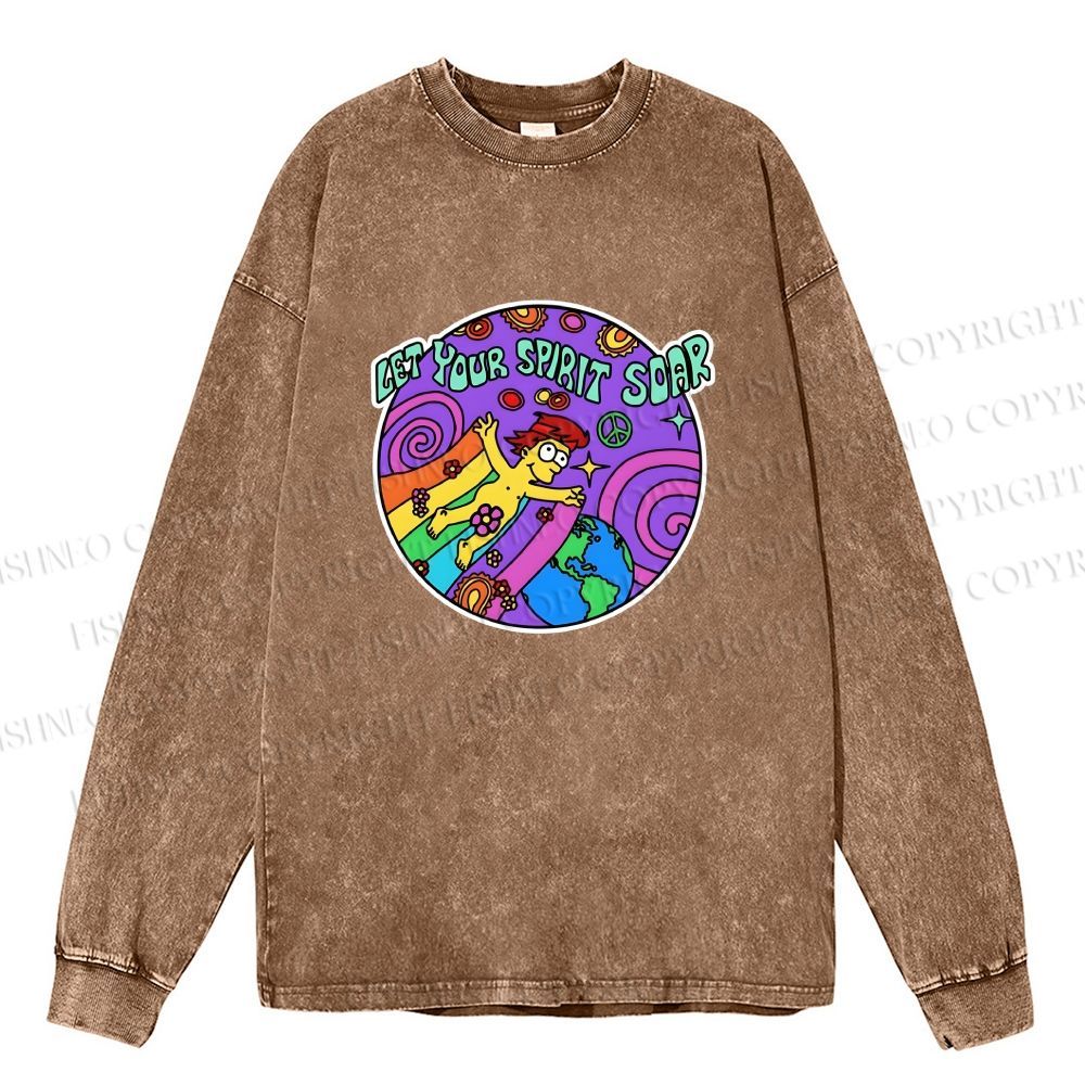 Unisex The Simpsons Homer Simpson Let Your Spirit Soar Casual Washed Printed Long Sleeve T-shirt