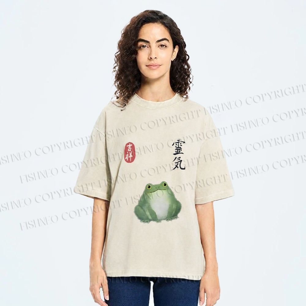 Unisex Energetic Frog Printed Washed Tee