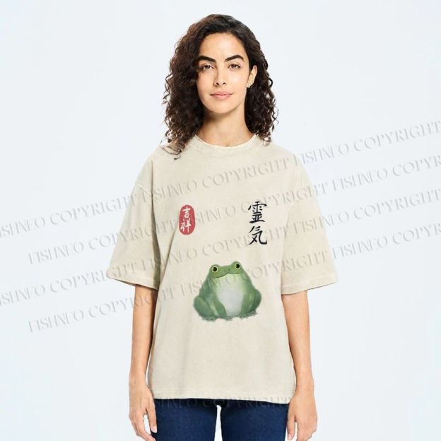 Unisex Energetic Frog Printed Washed Tee