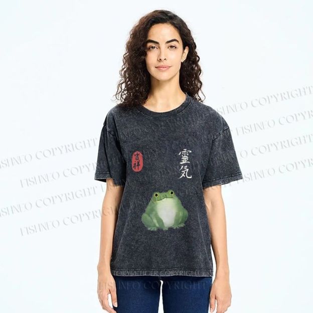 Unisex Energetic Frog Printed Washed Tee