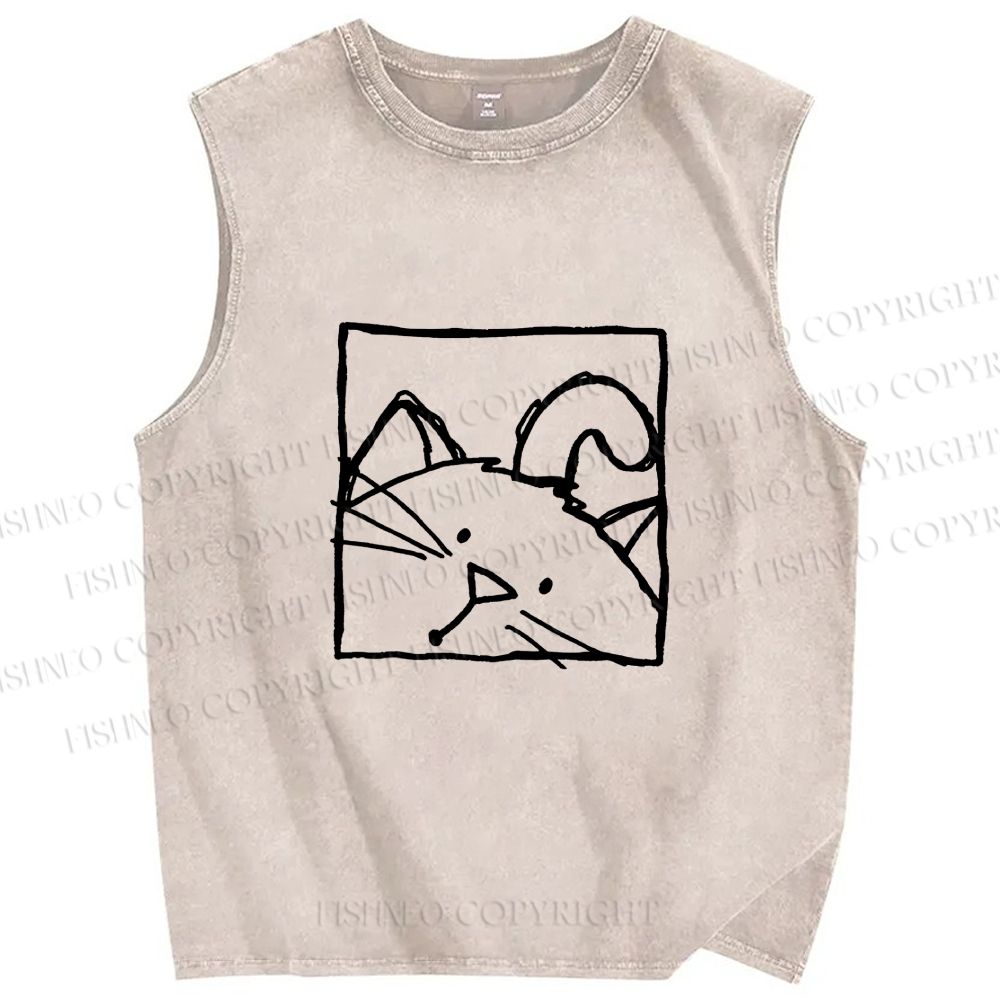 Unisex Cat in Box Sketch Printed Washed Tank Top