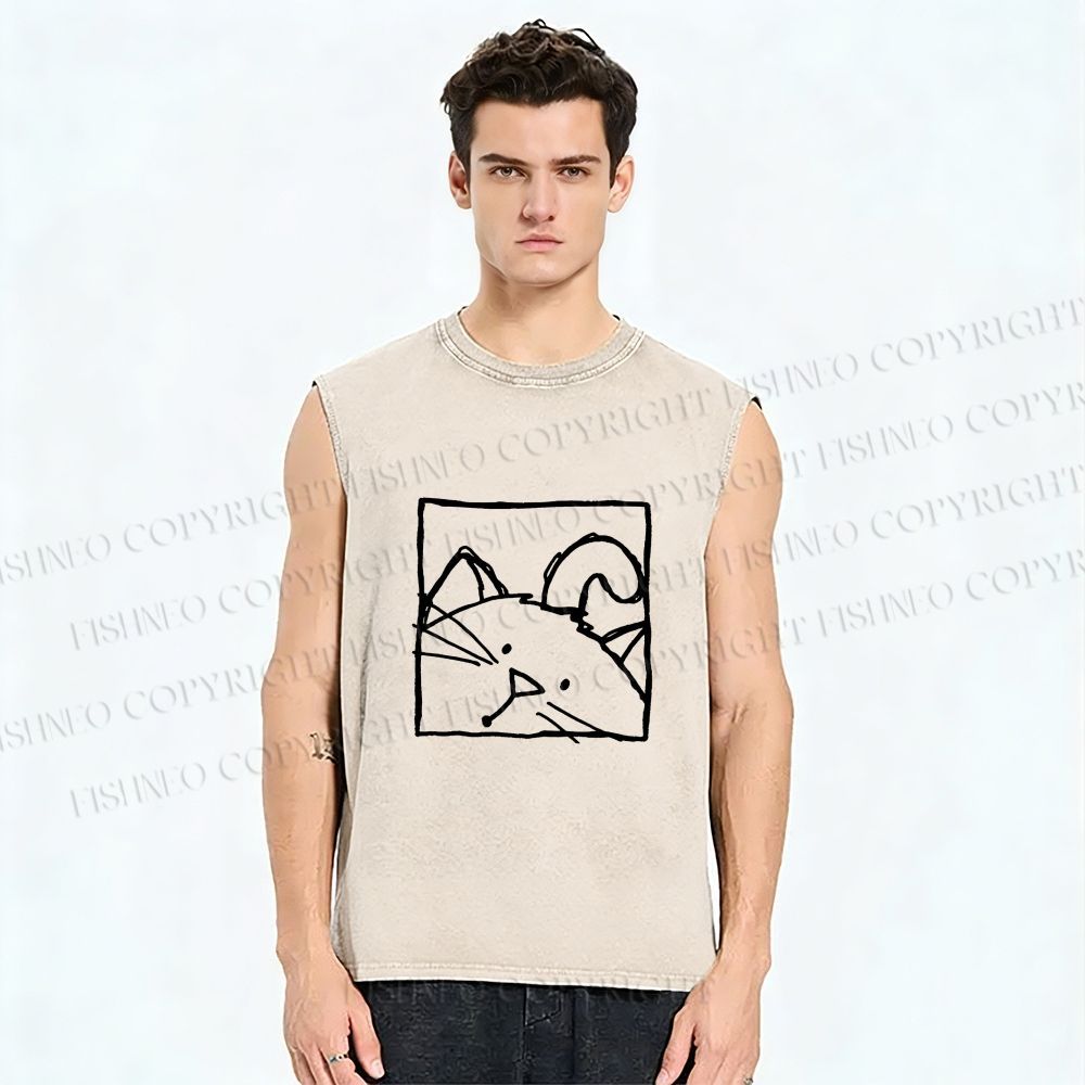 Unisex Cat in Box Sketch Printed Washed Tank Top
