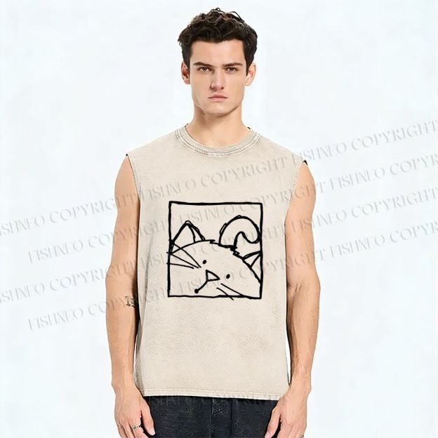 Unisex Cat in Box Sketch Printed Washed Tank Top
