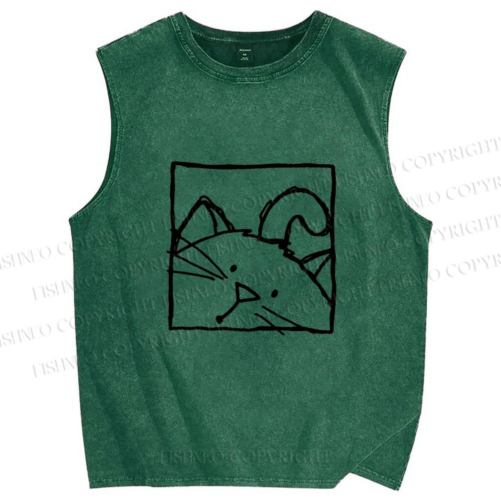 Unisex Cat in Box Sketch Printed Washed Tank Top