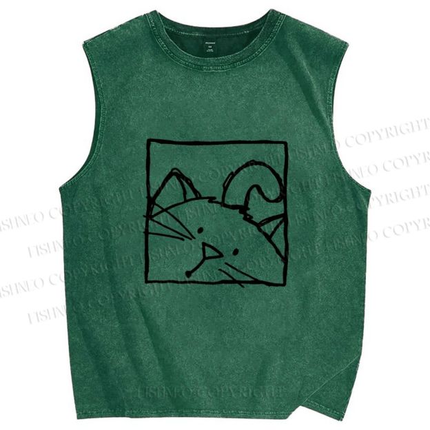 Unisex Cat in Box Sketch Printed Washed Tank Top