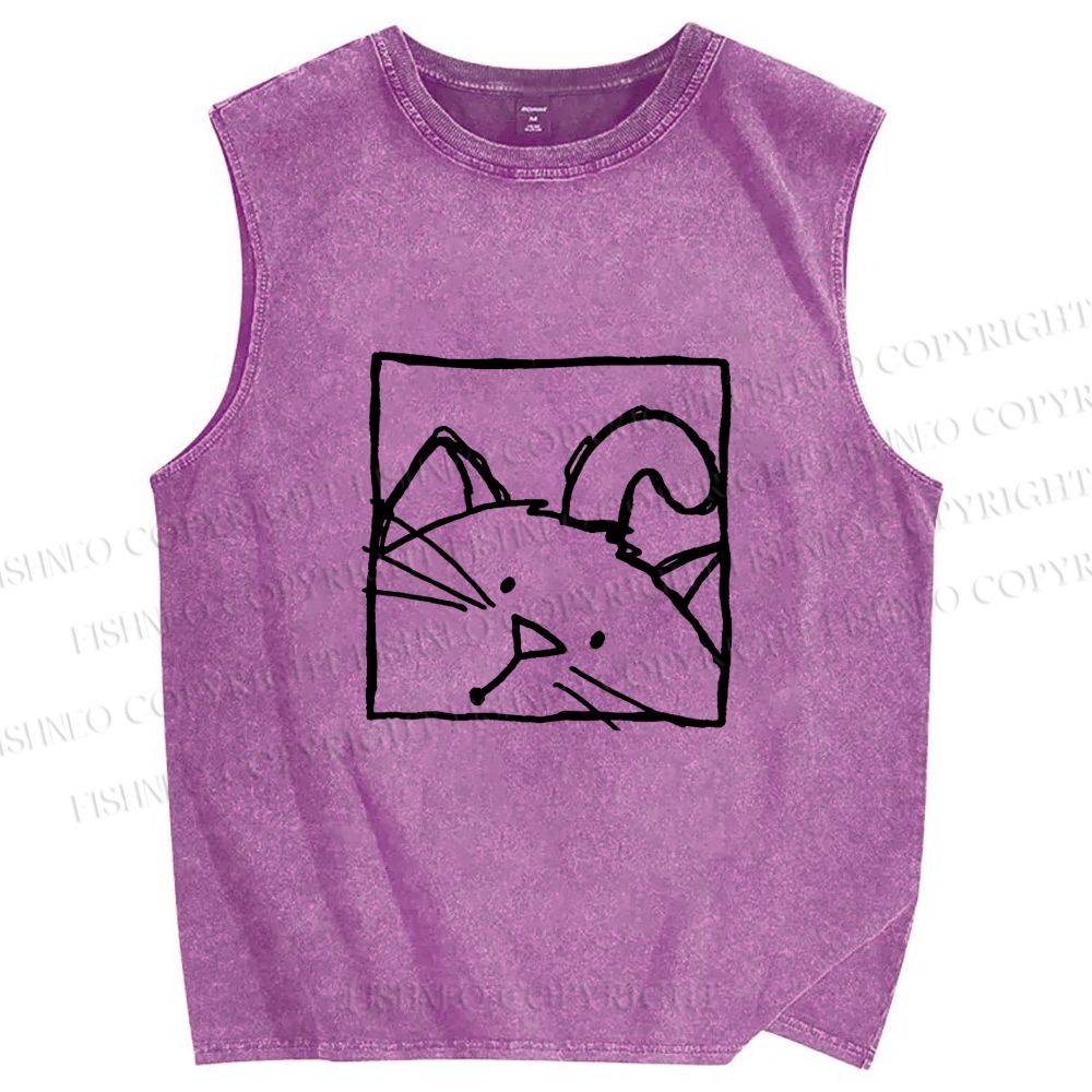 Unisex Cat in Box Sketch Printed Washed Tank Top
