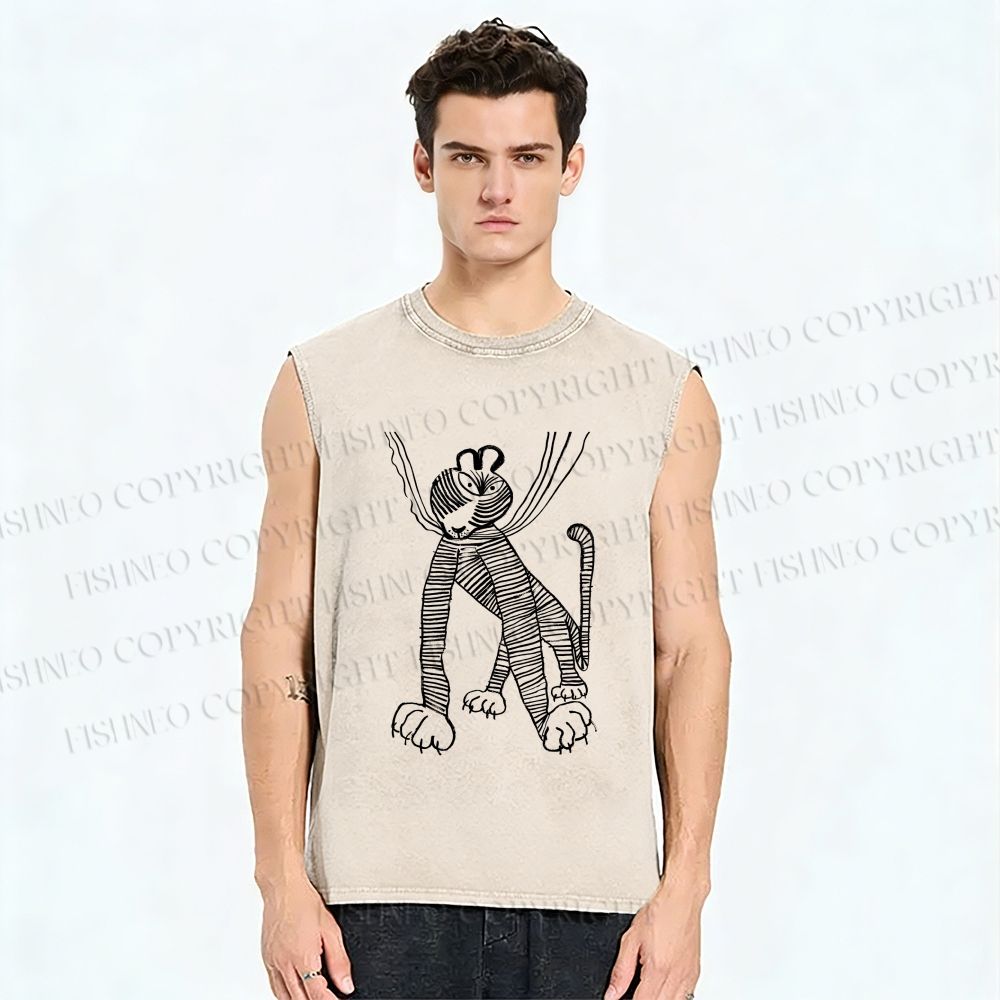 Unisex Funny Line Tiger Hang in There Printed Washed Tank Top