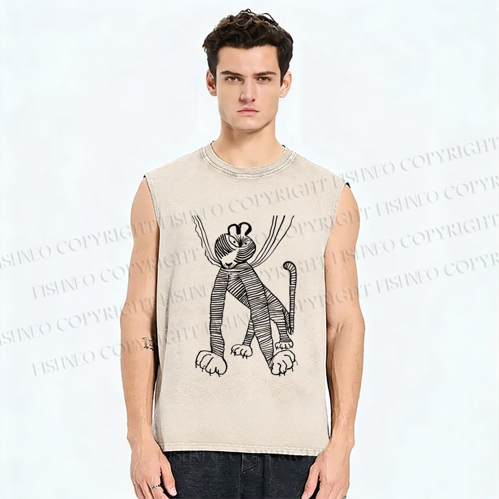 Unisex Funny Line Tiger Hang in There Printed Washed Tank Top