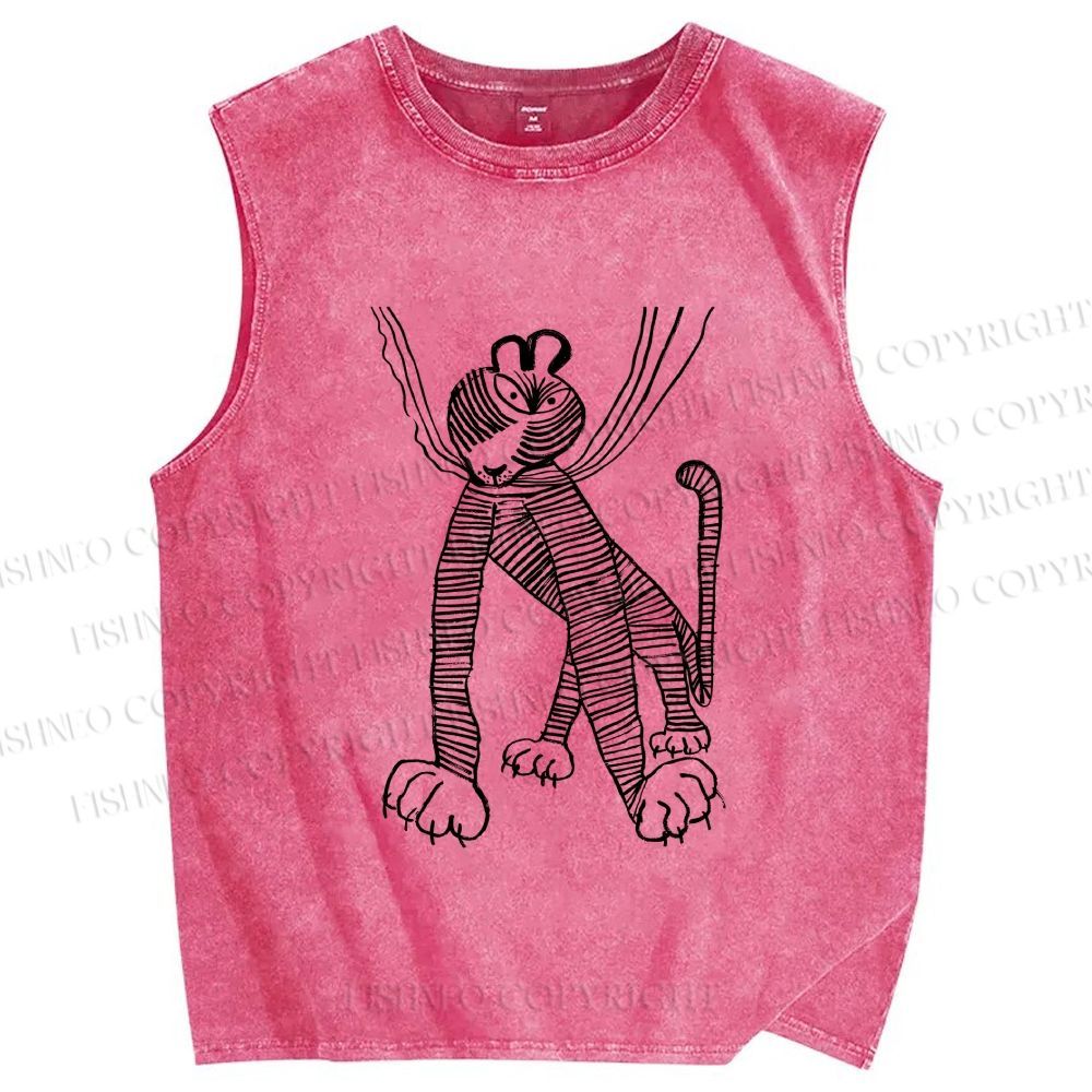 Unisex Funny Line Tiger Hang in There Printed Washed Tank Top