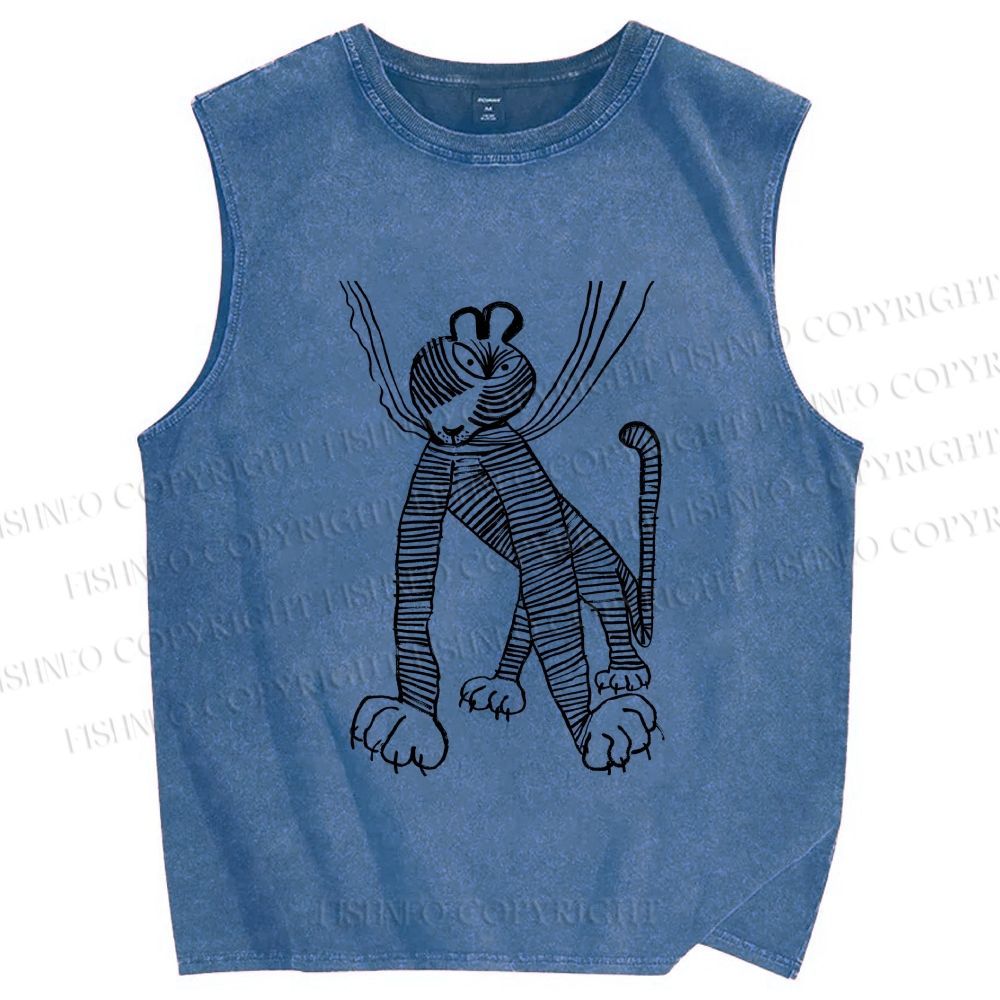 Unisex Funny Line Tiger Hang in There Printed Washed Tank Top