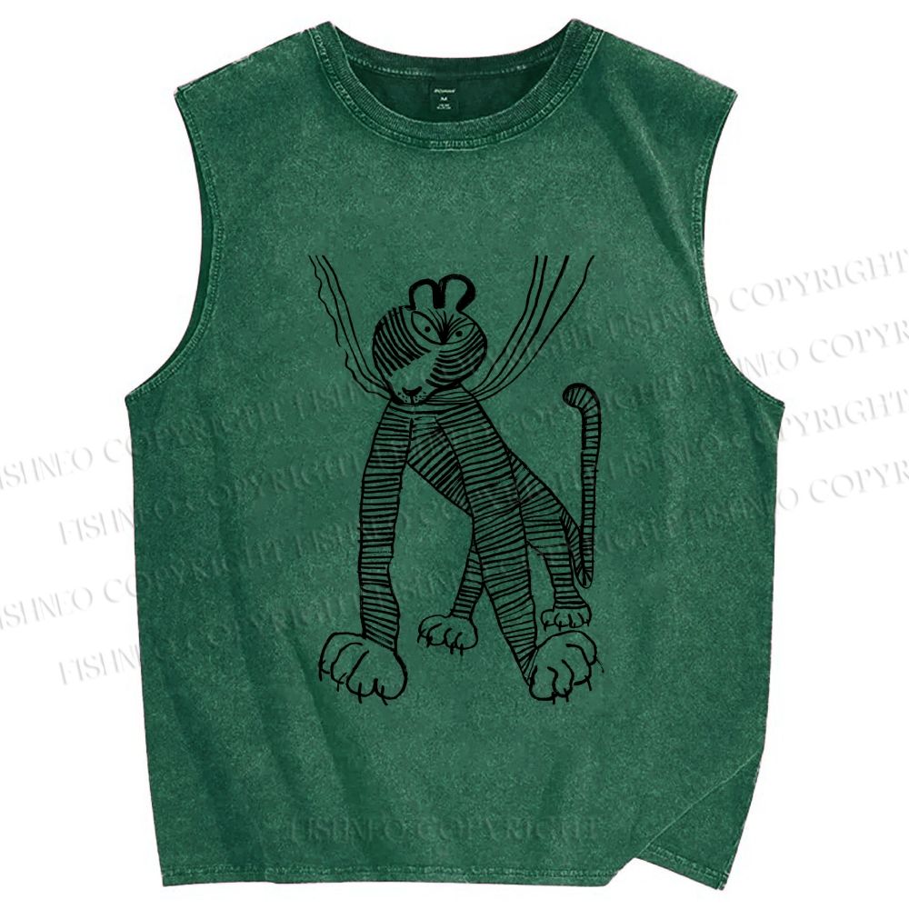 Unisex Funny Line Tiger Hang in There Printed Washed Tank Top