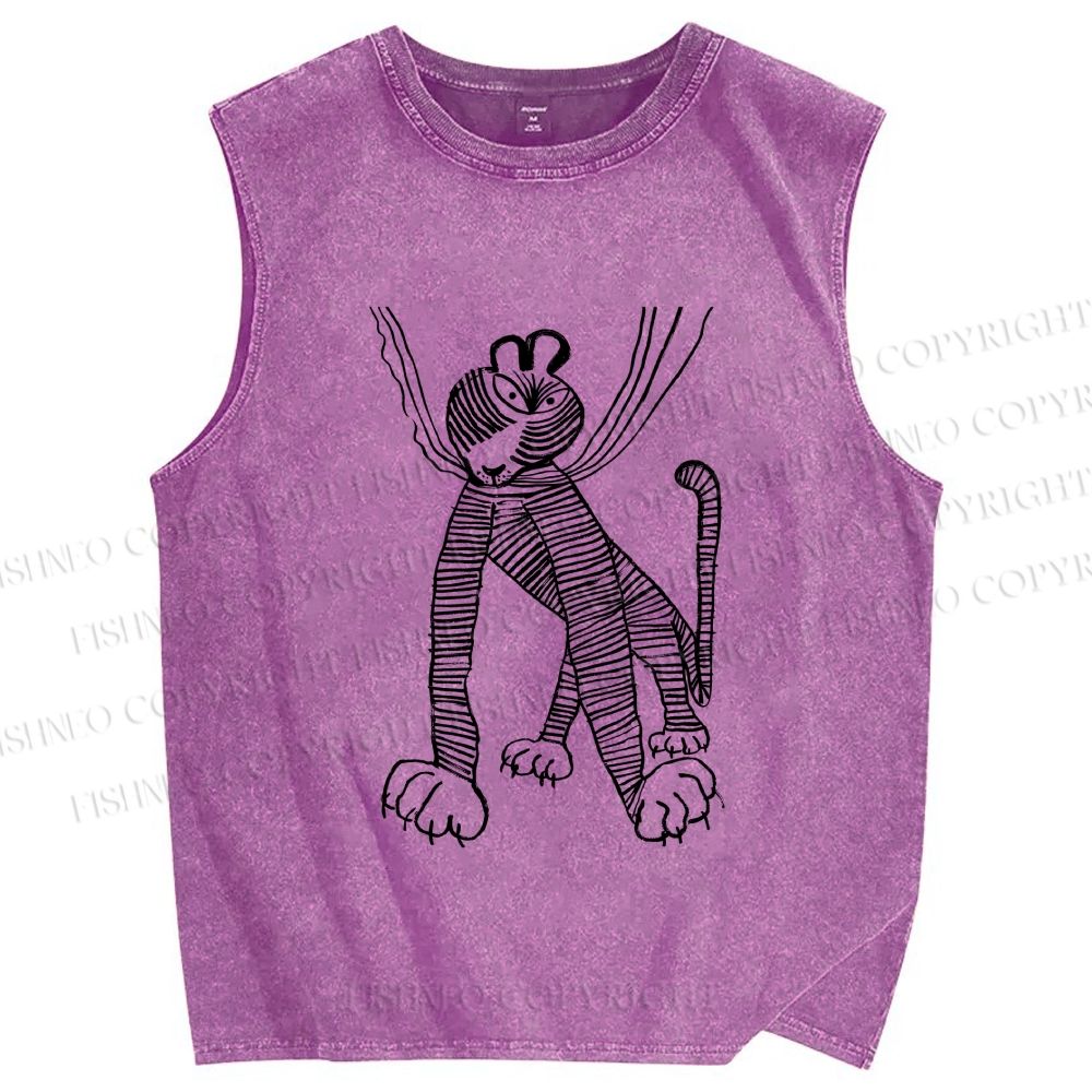 Unisex Funny Line Tiger Hang in There Printed Washed Tank Top