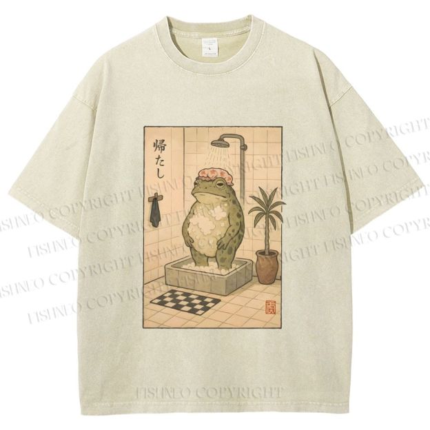 Unisex Frog In Shower With Bath Cap Printed Washed Tee