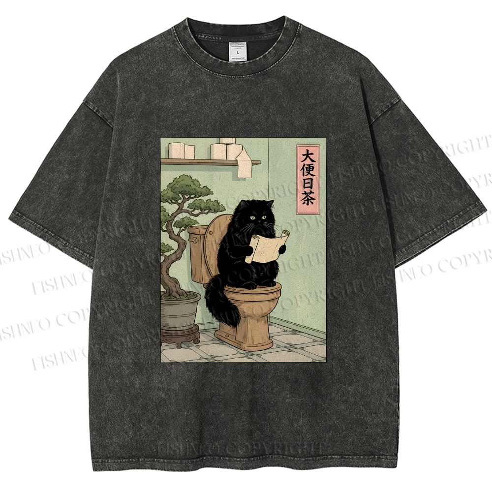Unisex Cat On Toilet Reading Scroll Printed Washed Tee