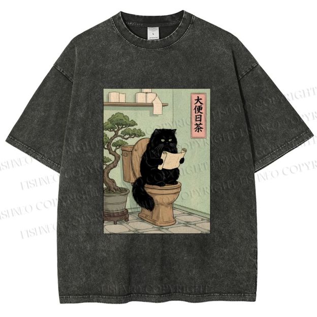 Unisex Cat On Toilet Reading Scroll Printed Washed Tee
