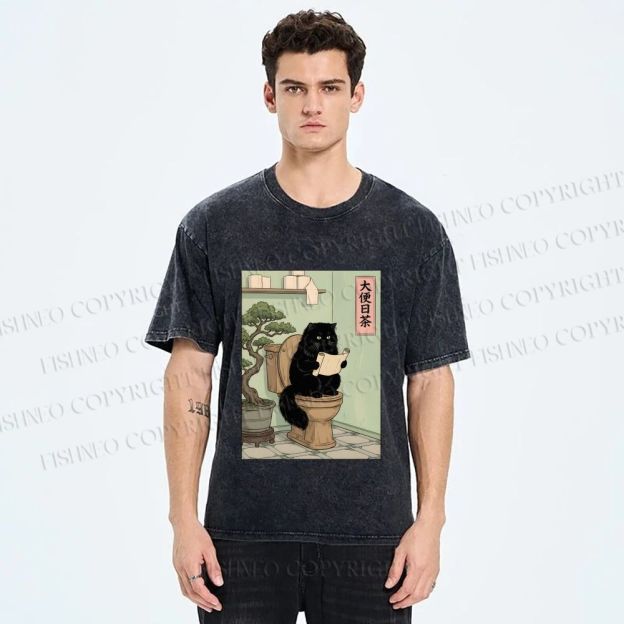 Unisex Cat On Toilet Reading Scroll Printed Washed Tee