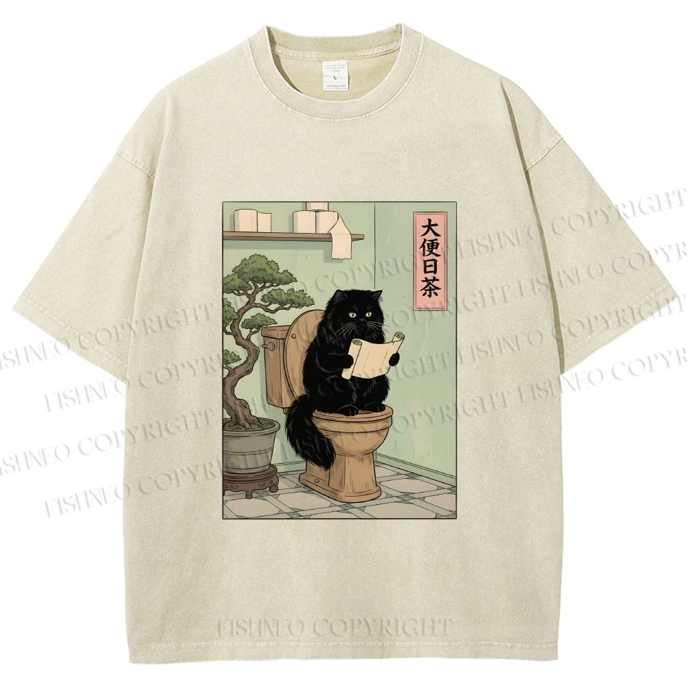 Unisex Cat On Toilet Reading Scroll Printed Washed Tee