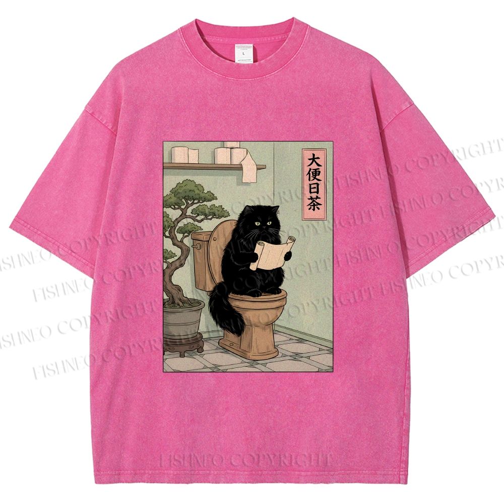 Unisex Cat On Toilet Reading Scroll Printed Washed Tee