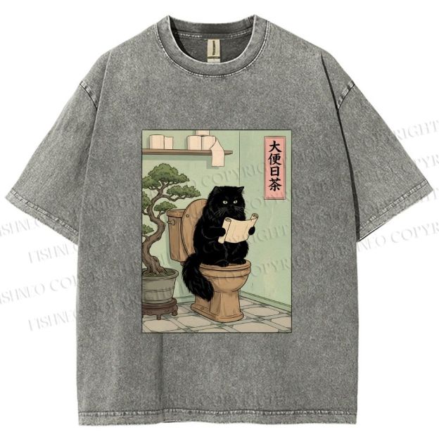 Unisex Cat On Toilet Reading Scroll Printed Washed Tee