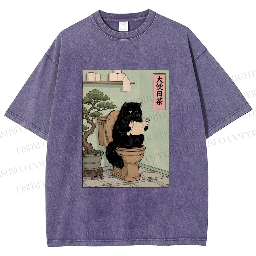 Unisex Cat On Toilet Reading Scroll Printed Washed Tee