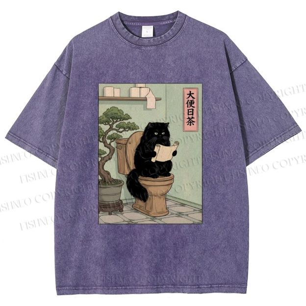 Unisex Cat On Toilet Reading Scroll Printed Washed Tee