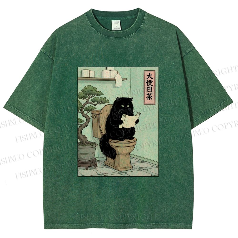 Unisex Cat On Toilet Reading Scroll Printed Washed Tee