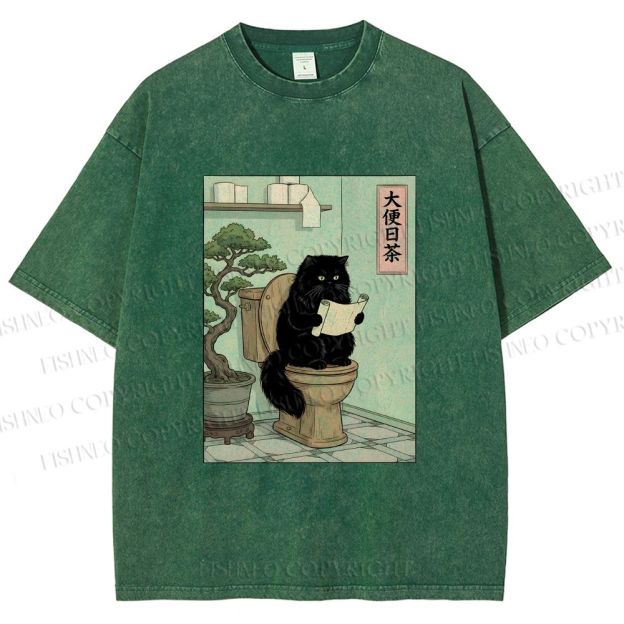 Unisex Cat On Toilet Reading Scroll Printed Washed Tee