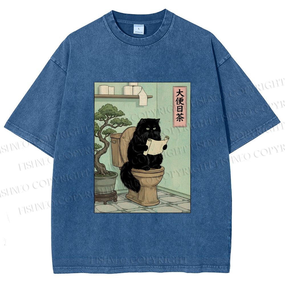 Unisex Cat On Toilet Reading Scroll Printed Washed Tee