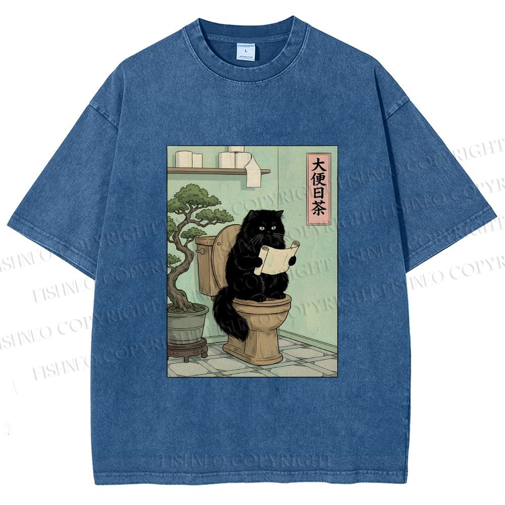 Unisex Cat On Toilet Reading Scroll Printed Washed Tee