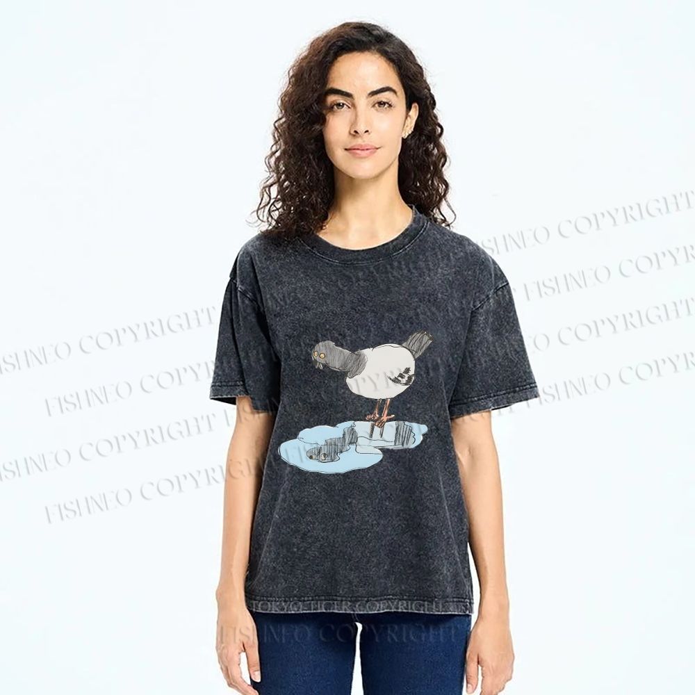 Unisex Funny Pigeon Look Himself in Water Printed Washed Tee