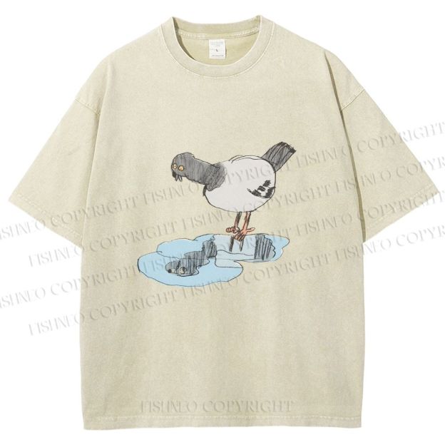 Unisex Funny Pigeon Look Himself in Water Printed Washed Tee