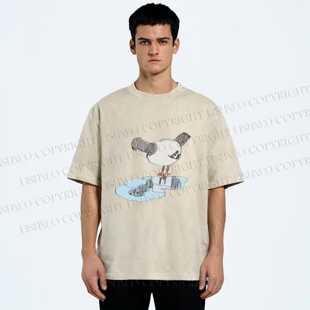 Unisex Funny Pigeon Look Himself in Water Printed Washed Tee