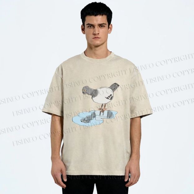 Unisex Funny Pigeon Look Himself in Water Printed Washed Tee