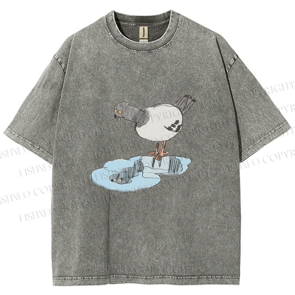 Unisex Funny Pigeon Look Himself in Water Printed Washed Tee