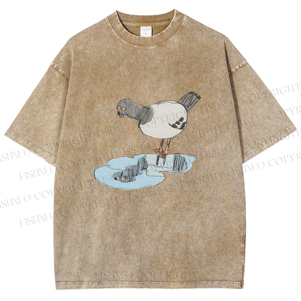 Unisex Funny Pigeon Look Himself in Water Printed Washed Tee