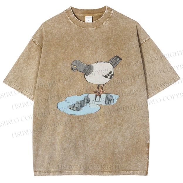 Unisex Funny Pigeon Look Himself in Water Printed Washed Tee