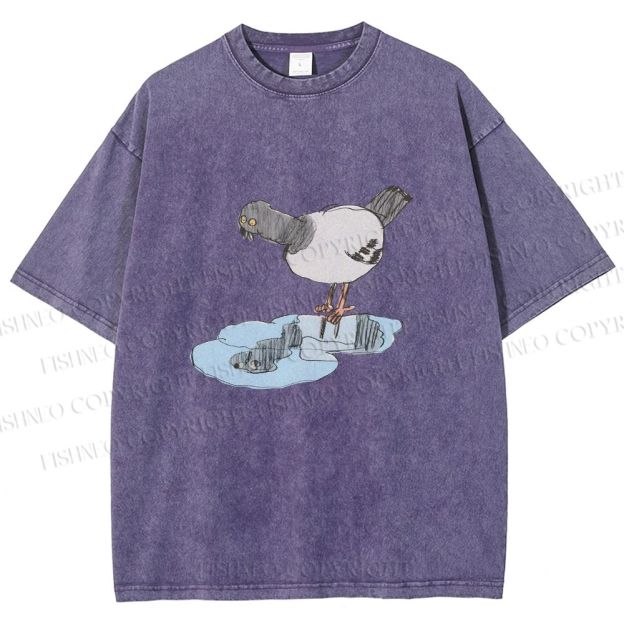 Unisex Funny Pigeon Look Himself in Water Printed Washed Tee