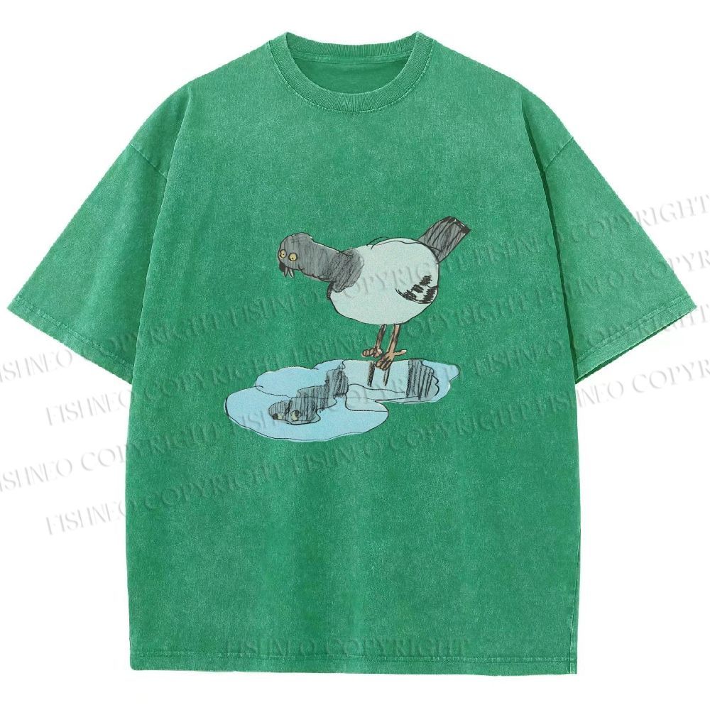 Unisex Funny Pigeon Look Himself in Water Printed Washed Tee