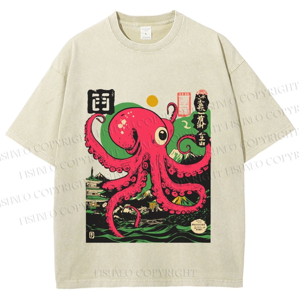 Unisex Vintage Octopus Printed Washed Tee