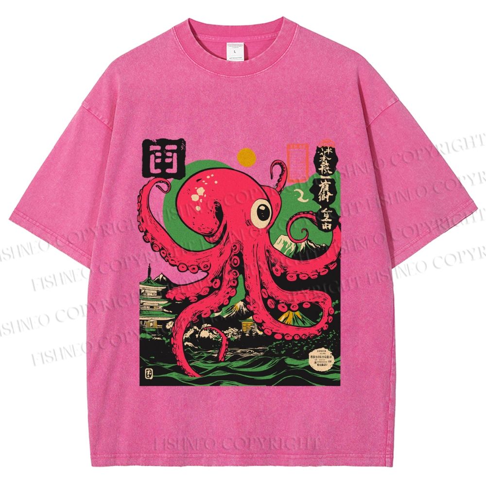 Unisex Vintage Octopus Printed Washed Tee