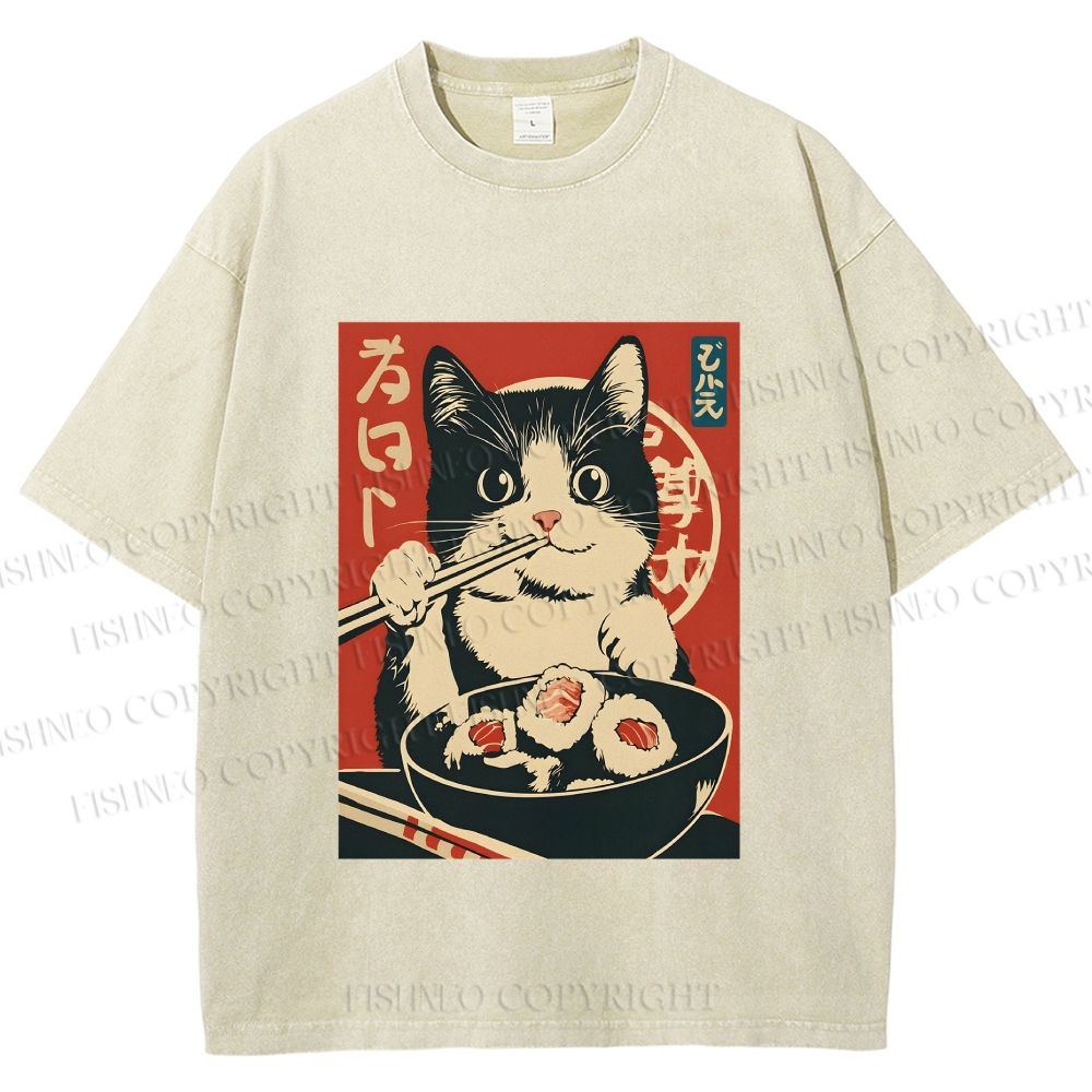 Unisex Kawaii Sushi Cat Printed Washed Tee