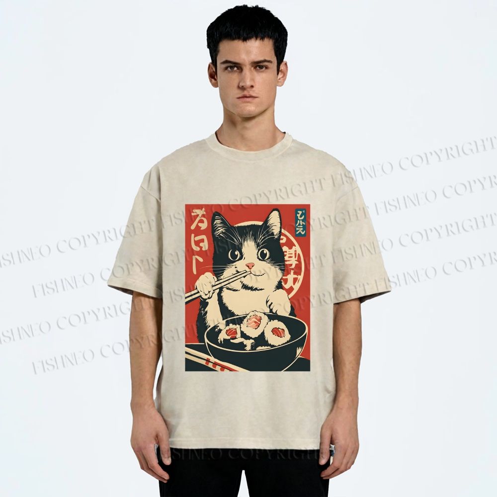 Unisex Kawaii Sushi Cat Printed Washed Tee