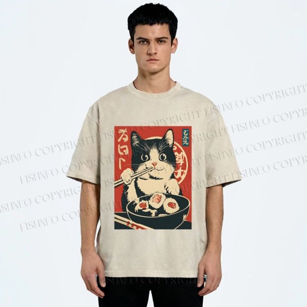 Unisex Kawaii Sushi Cat Printed Washed Tee