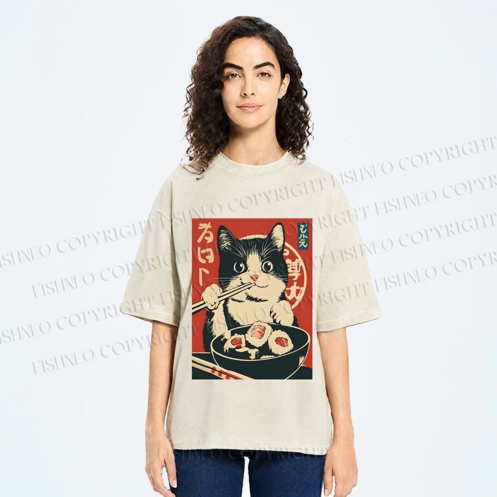 Unisex Kawaii Sushi Cat Printed Washed Tee