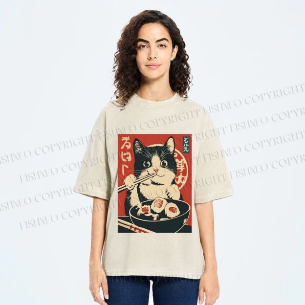 Unisex Kawaii Sushi Cat Printed Washed Tee