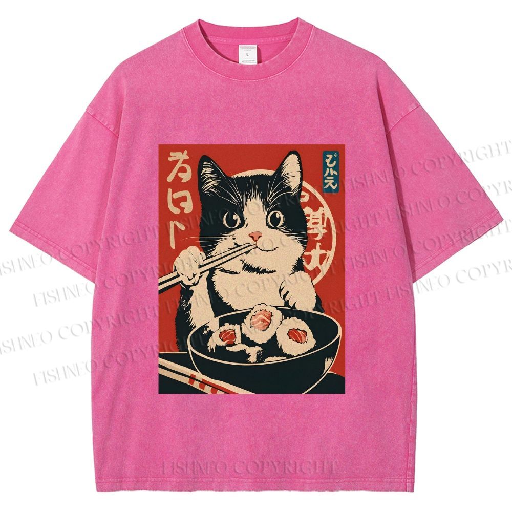 Unisex Kawaii Sushi Cat Printed Washed Tee
