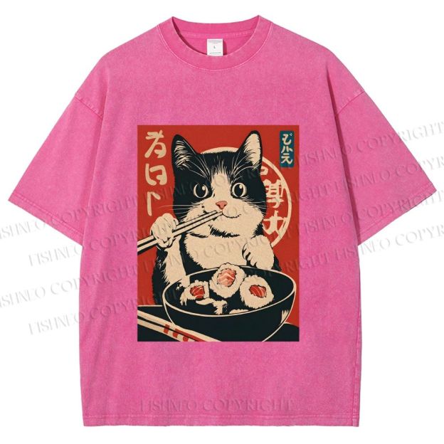 Unisex Kawaii Sushi Cat Printed Washed Tee
